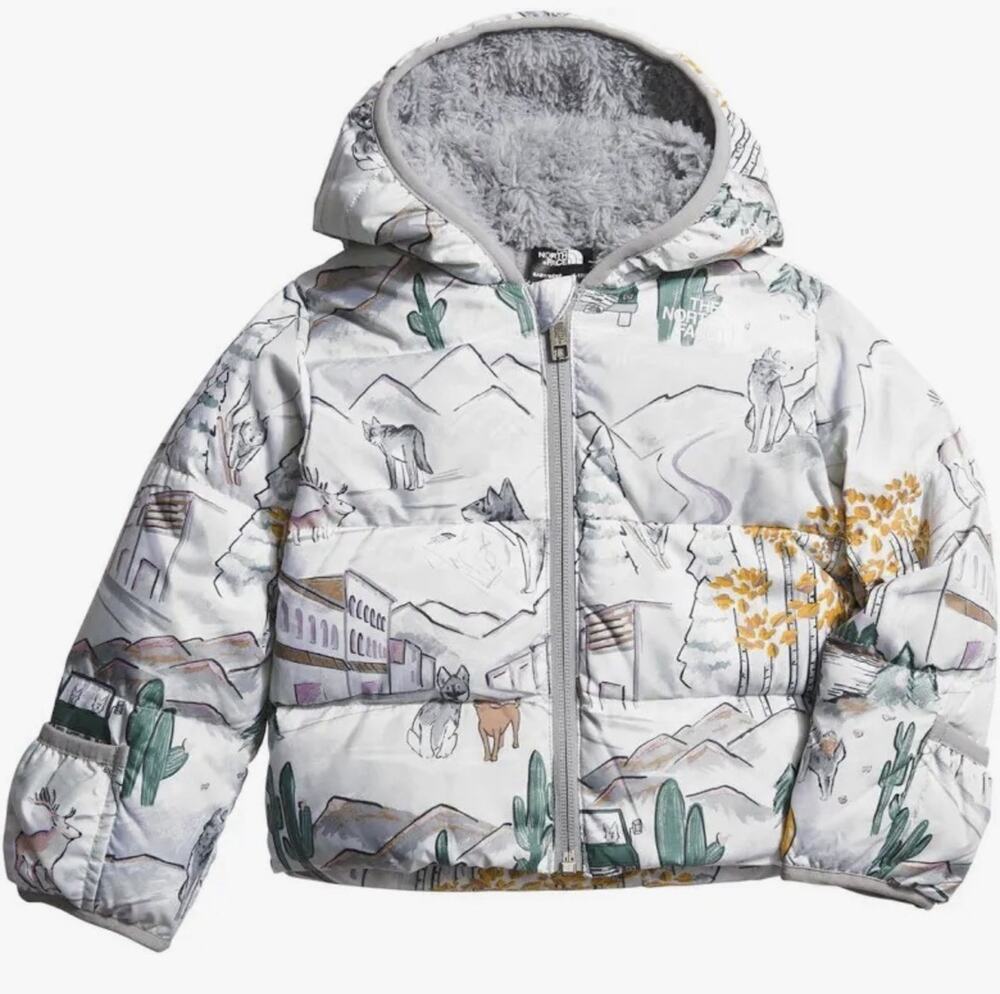 North Face Baby 3-6M North Down Hooded Jacket NWT White Print Puffer Sherpa
